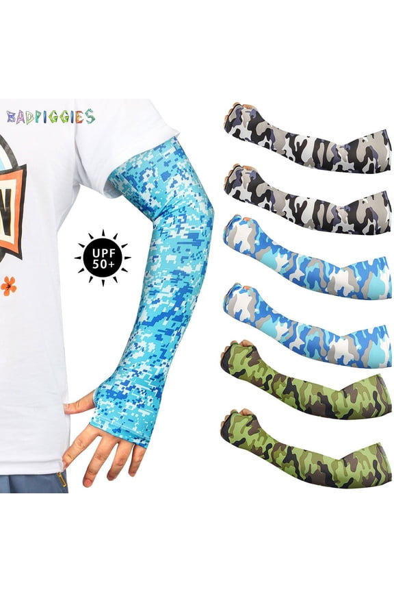 BadPiggies 3 Pairs Sun Protection Ice Silk Cooling Arm Sleeves, for Men Women Sunblock UV Protective Cooler Sports Arm Cover Sleeves (Camouflage-Black/Green/Blue)