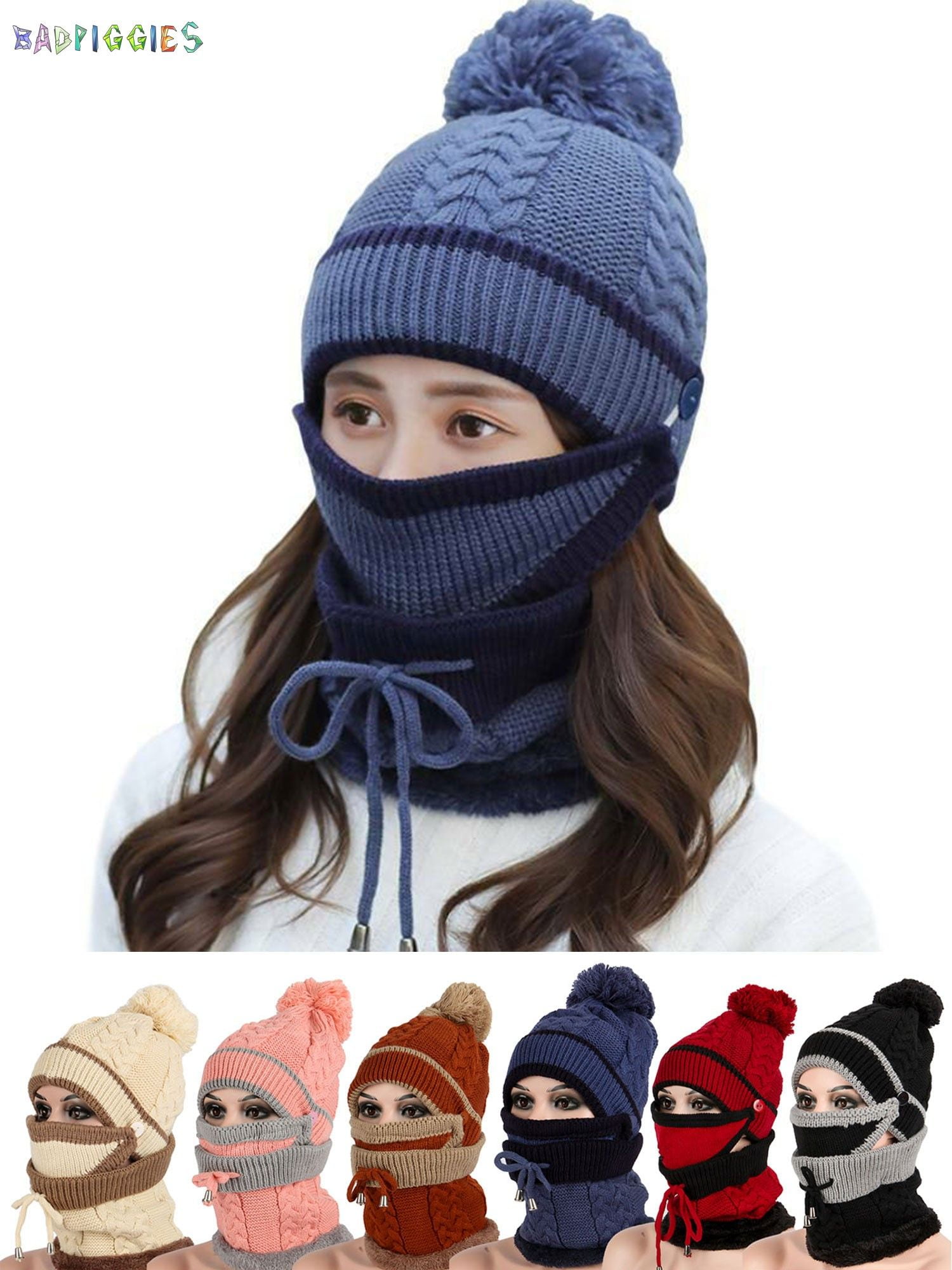 BadPiggies 3 in 1 Winter Knitted Beanie Hat Scarf Mask Set, Fleece Lined Face Neck Warmer Set for Women Girls Ski Caps with Pompom (Blue)