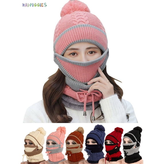 BadPiggies 3 in 1 Winter Knitted Beanie Hat Scarf Mask Set, Fleece Lined Face Neck Warmer Set for Women Girls Ski Caps with Pompom (Pink)