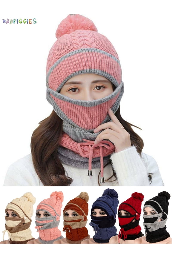 BadPiggies 3 in 1 Winter Knitted Beanie Hat Scarf Mask Set, Fleece Lined Face Neck Warmer Set for Women Girls Ski Caps with Pompom (Pink)