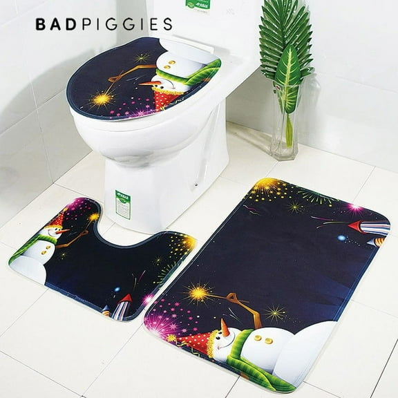 BadPiggies 3PCS Christmas Bathroom Non-Slip Pedestal Rug+Lid Toilet Cover+Bath Mat Set