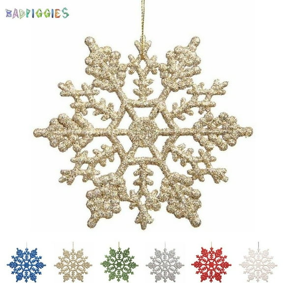 BadPiggies 4" Glitter Snowflake Christmas Ornaments, 12Pcs Sparkly Snowflakes Hanging Crafts for Xmas Tree Decorations (Gold)