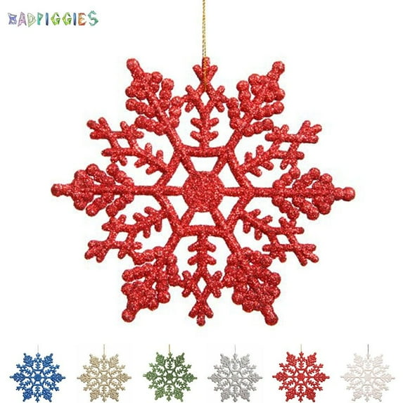 BadPiggies 4" Glitter Snowflake Christmas Ornaments, 12Pcs Sparkly Snowflakes Hanging Crafts for Xmas Tree Decorations (Red)