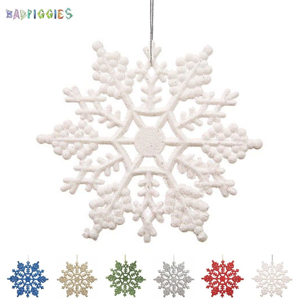 12 Pack Silver Snowflake Ornaments Plastic Glitter Snow Flakes Ornaments  for Winter Christmas Tree Decorations Size Varies Craft Snowflakes