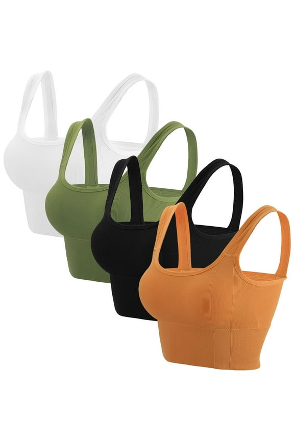 BadPiggies 4-Pack Women's Comfy Cami Bra Crop Top Wirefree Seamless Yoga Bralette Longline Padded Lounge Bra Pullover Sleep Bras, S/M