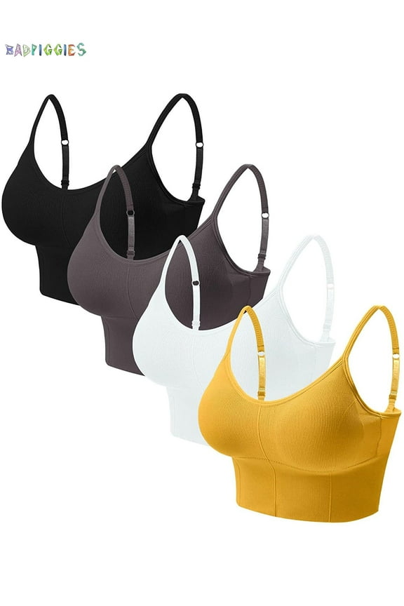 BadPiggies 4-Pack Women's Comfy Wirefree Seamless Bra Adjustable Cami Lounge Bra Padded Bralettes Longline Pullover Sleep Bras, L/XL