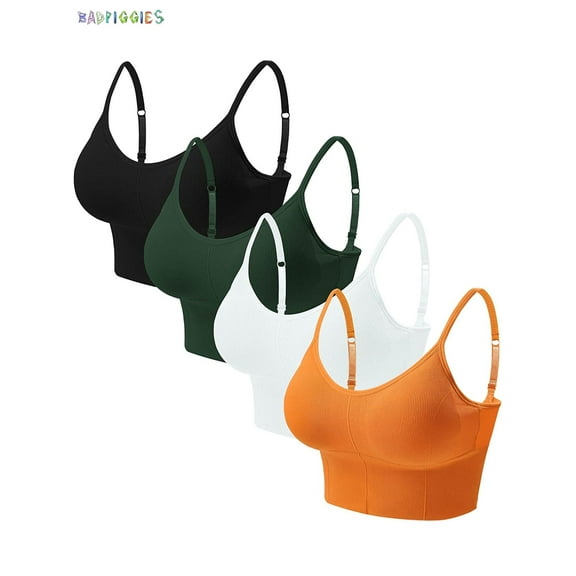 BadPiggies 4-Pack Women's Comfy Wirefree Seamless Bra Adjustable Cami Lounge Bra Padded Bralettes Longline Pullover Sleep Bras, L/XL