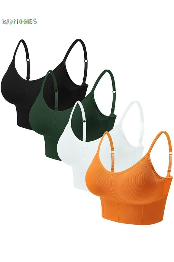 BadPiggies 4-Pack Women's Comfy Wirefree Seamless Bra Adjustable Cami Lounge Bra Padded Bralettes Longline Pullover Sleep Bras, S/M