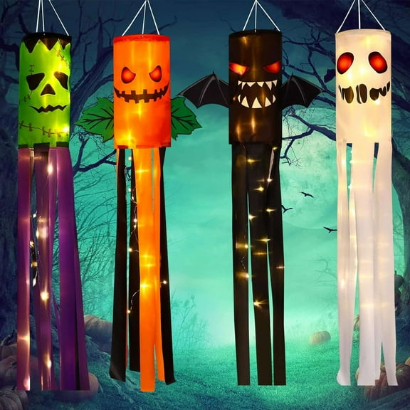 BadPiggies 4PCS 40" Halloween Windsock Flag Pumpkin Bat Ghost Spooky Wind Socks Flag with LED Lights Outdoor Hanging Decoration for Home Yard Patio Garden Party