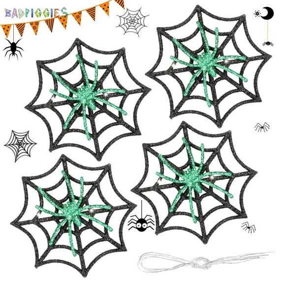 BadPiggies 4PCS Glitter Spider Ornaments on Web Halloween Christmas Hanging Decorations for Door Window Wall Indoor Outdoor Party Supplies, Green