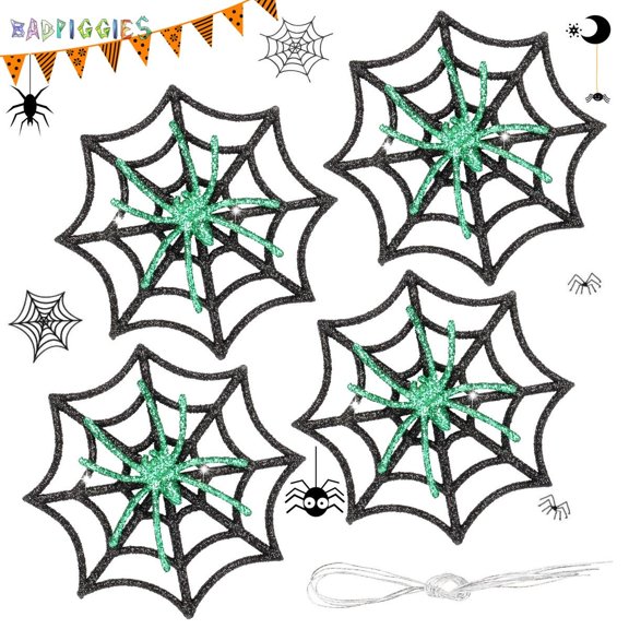 BadPiggies 4PCS Glitter Spider Ornaments on Web Halloween Christmas Hanging Decorations for Door Window Wall Indoor Outdoor Party Supplies, Green