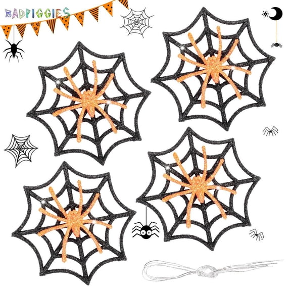 BadPiggies 4PCS Glitter Spider Ornaments on Web Halloween Christmas Hanging Decorations for Door Window Wall Indoor Outdoor Party Supplies, Orange