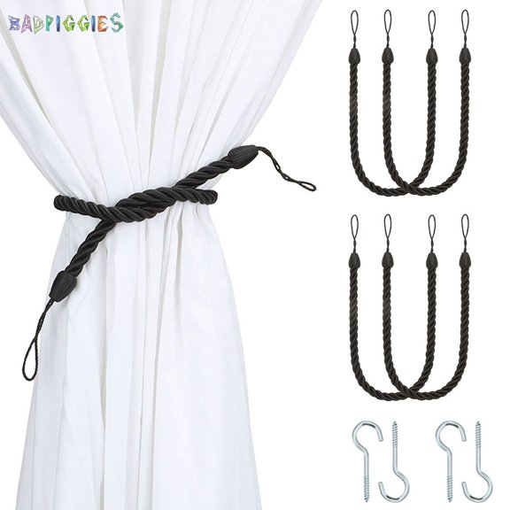 BadPiggies 4Pcs Curtain Rope Tiebacks, Decorative Handmade Drapery Rope Holdbacks with 4 Metal Screw Hooks (Black)