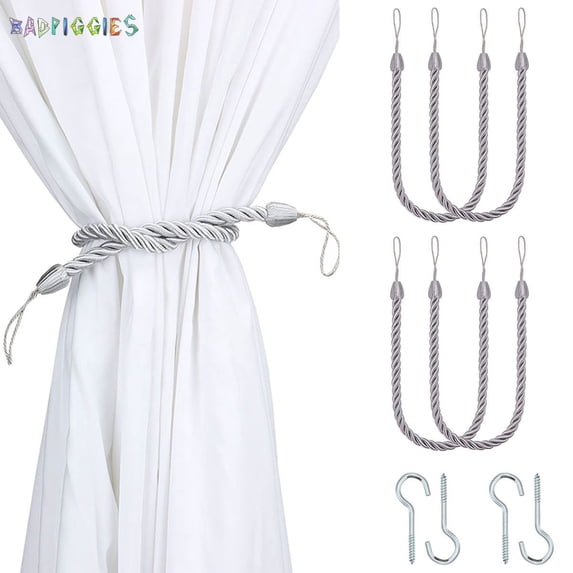 BadPiggies 4Pcs Curtain Rope Tiebacks, Decorative Handmade Drapery Rope Holdbacks with 4 Metal Screw Hooks (Gray)