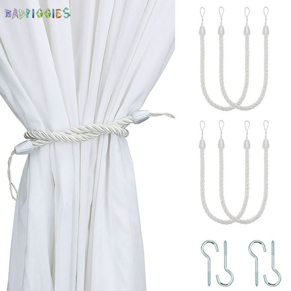 BadPiggies 4Pcs Curtain Rope Tiebacks, Decorative Handmade Drapery Rope Holdbacks with 4 Metal Screw Hooks (White)
