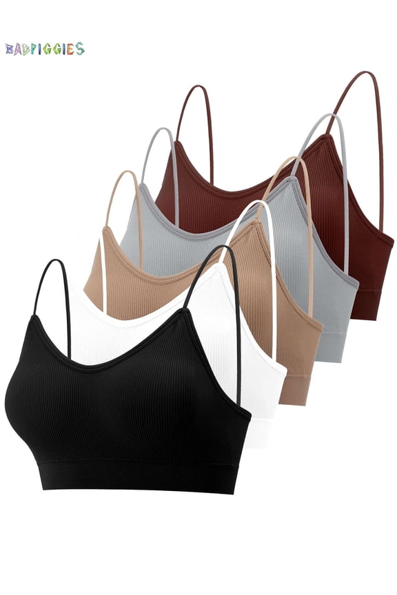 BadPiggies Women's Padded Bralettes V Neck Cami Bras Seamless Wirefree Bra with Elastic Straps (M, Khaki)