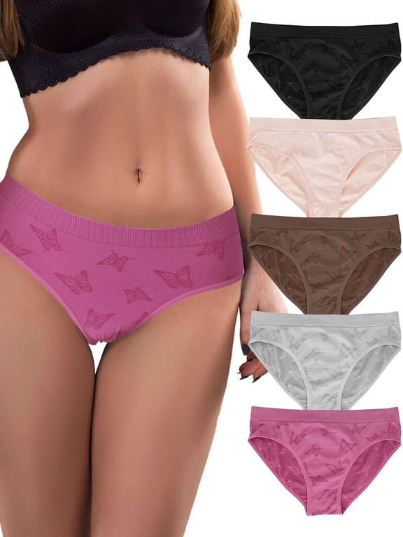 BadPiggies 5 Pack Women's Underwear Soft Stretch Briefs Low Rise Panties Butterfly Jacquard Hipster Cheeky S-2XL