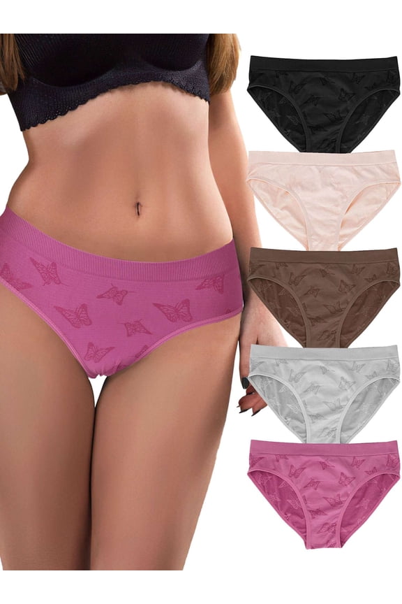 BadPiggies 5 Pack Women's Underwear Soft Stretch Briefs Low Rise Panties Butterfly Jacquard Hipster Cheeky S-2XL