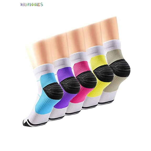 BadPiggies 5 Pairs Plantar Fasciitis Compression Socks for Men Women Sports Hiking Workout Fitness Exercises Sock Relieves Heel Pain Arch Ankle Foot Heel Spurs, L/XL