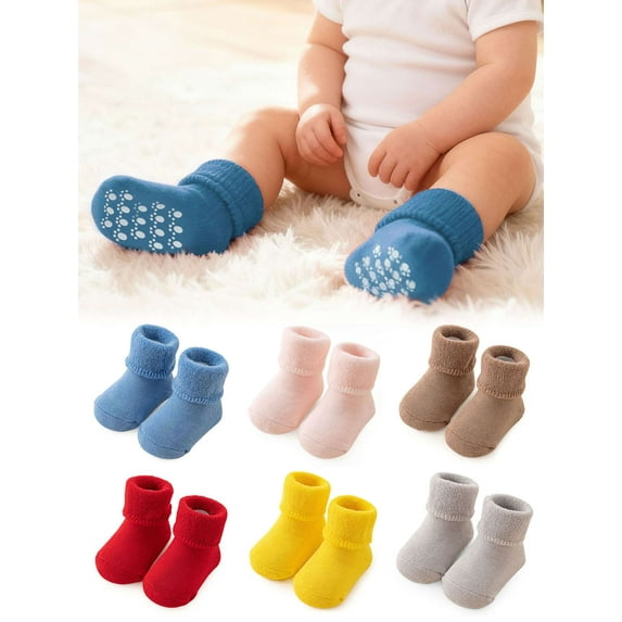 BadPiggies 6 Pairs Toddler Socks with Grippers Warm Fuzzy Socks for Kids No Skid Slipper Crew Socks 0-3 Yr