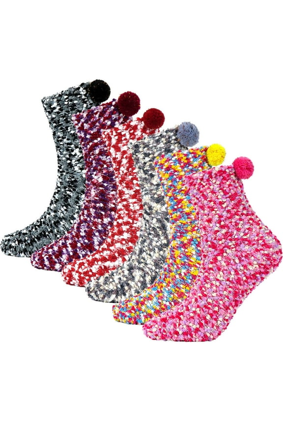 BadPiggies 6 Pairs Womens Cake Socks Cozy Fluffy Winter Warm Slipper Socks Soft Home Sleeping Socks Pom Pom