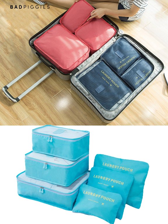 BadPiggies 6Pcs Waterproof Packing Cube Travel Organizer Clothes Storage Bags Luggage Organizer Pouch Set (Blue)