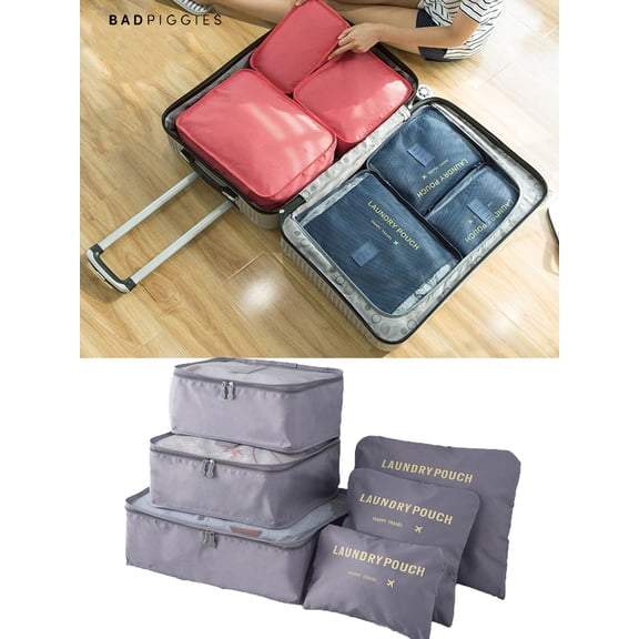 BadPiggies 6Pcs Waterproof Packing Cube Travel Organizer Clothes Storage Bags Luggage Organizer Pouch Set (Gray)