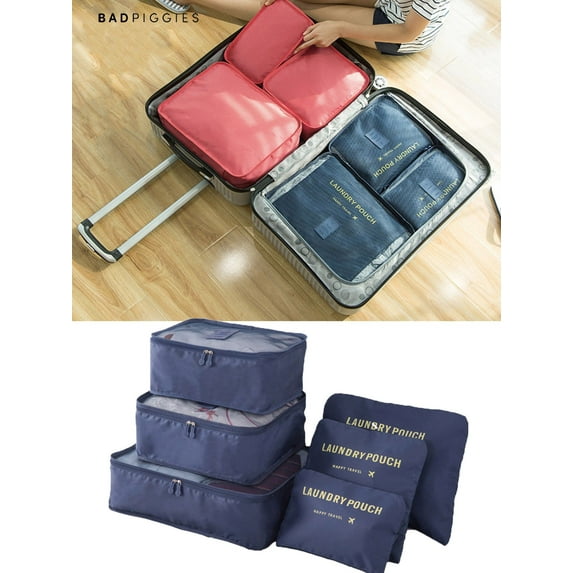 BadPiggies 6Pcs Waterproof Packing Cube Travel Organizer Clothes Storage Bags Luggage Organizer Pouch Set (Navy)