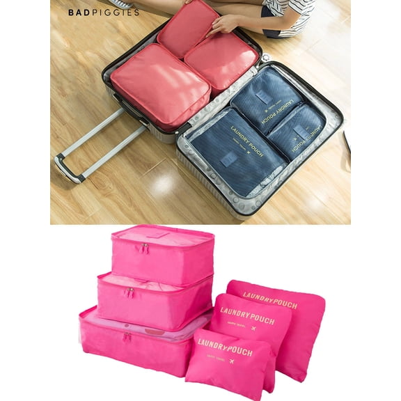 BadPiggies 6Pcs Waterproof Packing Cube Travel Organizer Clothes Storage Bags Luggage Organizer Pouch Set (Rose Red)