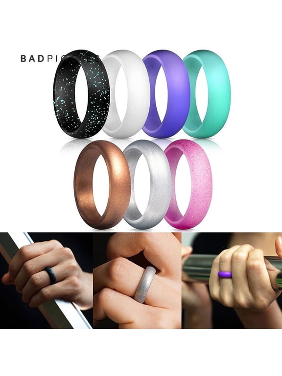 BadPiggies 7 Pack Women's Silicone Wedding Band Flexible Rubber Engagement Rings Activity Set (Size 5)
