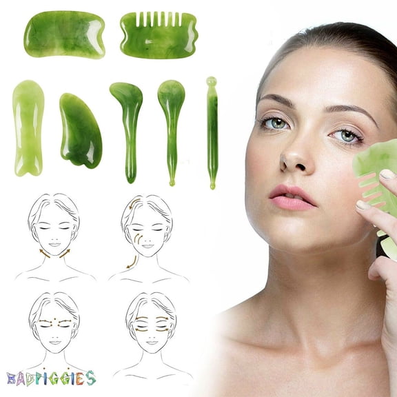 BadPiggies 7pcs Scraping Massage Tool Kits, Natural Resin Scraper Board Healing Stone Set for Face Back and Neck Release Massage Therapy, Reduce Muscle Pain (Green)