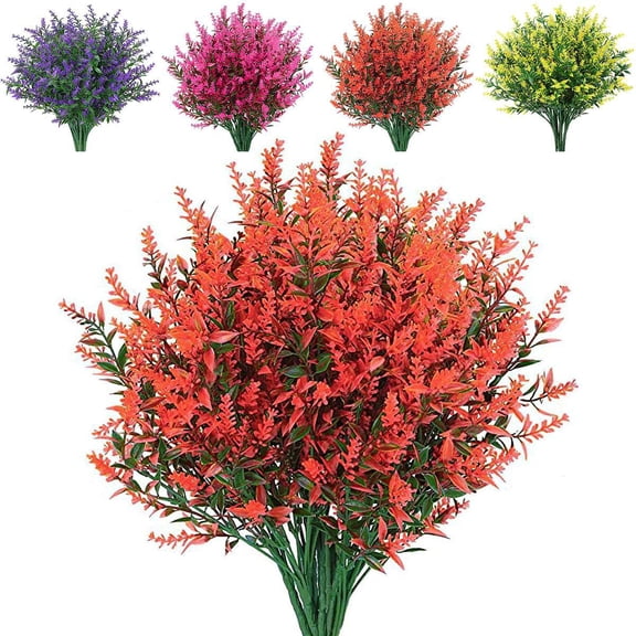 BadPiggies 8 Bundles Artificial Flowers Plastic Lavender UV Resistant No Fade Hanging Plants for Garden Porch Window Indoor Outdoor (Red)