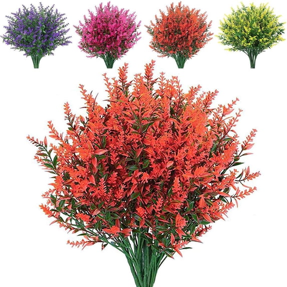 BadPiggies 8 Bundles Artificial Flowers Plastic Lavender UV Resistant No Fade Hanging Plants for Garden Porch Window Indoor Outdoor (Red)