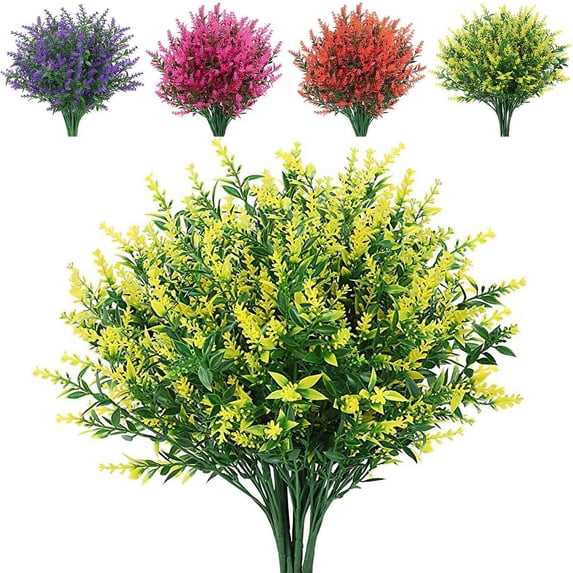 BadPiggies 8 Bundles Artificial Flowers Plastic Lavender UV Resistant No Fade Hanging Plants for Garden Porch Window Indoor Outdoor (Yellow)