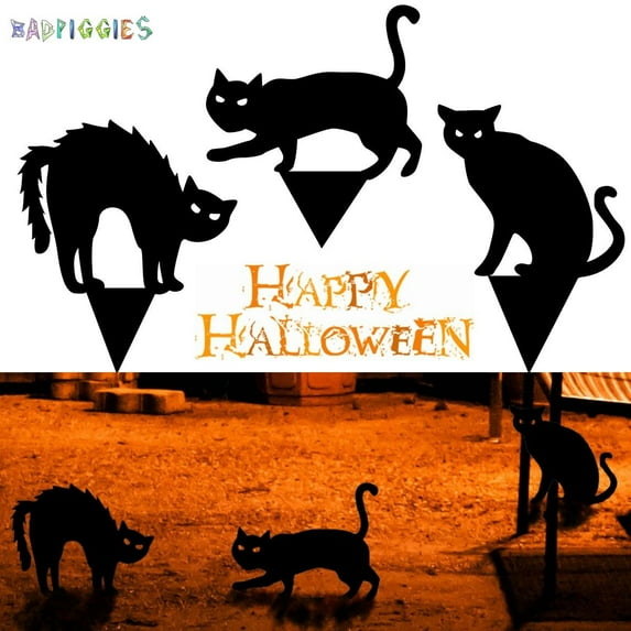 BadPiggies Black Cat Silhouette Yard Signs with Stakes, Halloween Scary Outdoor Decoration for Garden Lawn Front Yard Grassland Home Party