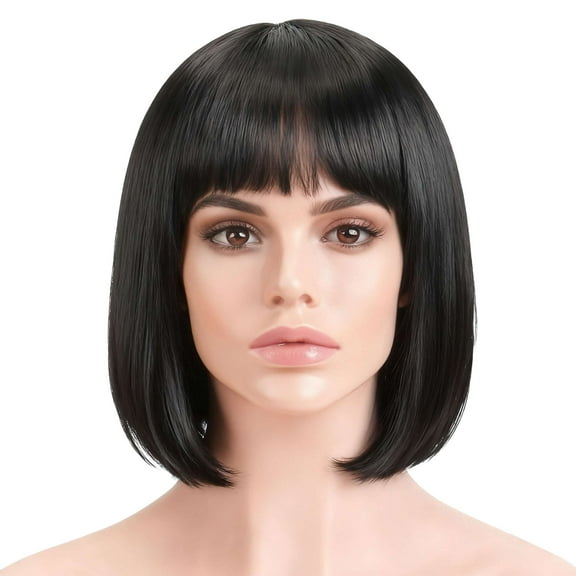 BadPiggies Bob Wig With Flat Bangs 12 Inch Short Straight Hair Flapper Cosplay Costume Party Bob Wigs (Black)
