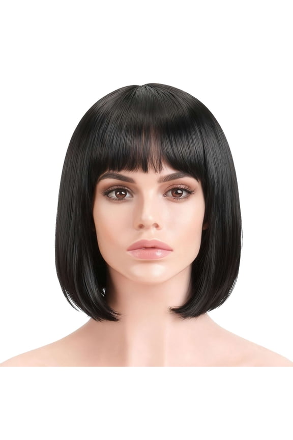 BadPiggies Bob Wig With Flat Bangs 12 Inch Short Straight Hair Flapper Cosplay Costume Party Bob Wigs (Black)