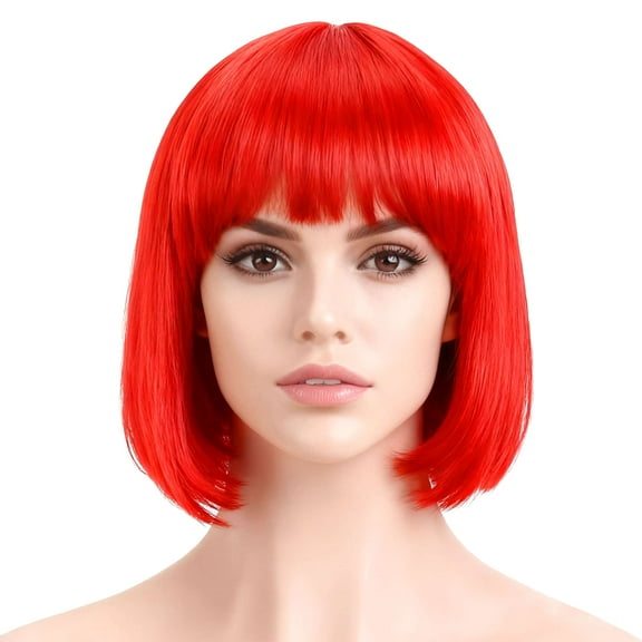 BadPiggies Bob Wig With Flat Bangs 12 Inch Short Straight Hair Flapper Cosplay Costume Party Bob Wigs (Red)