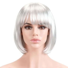BadPiggies Bob Wig With Flat Bangs 12 Inch Short Straight Hair Flapper Cosplay Costume Party Bob Wigs (White)