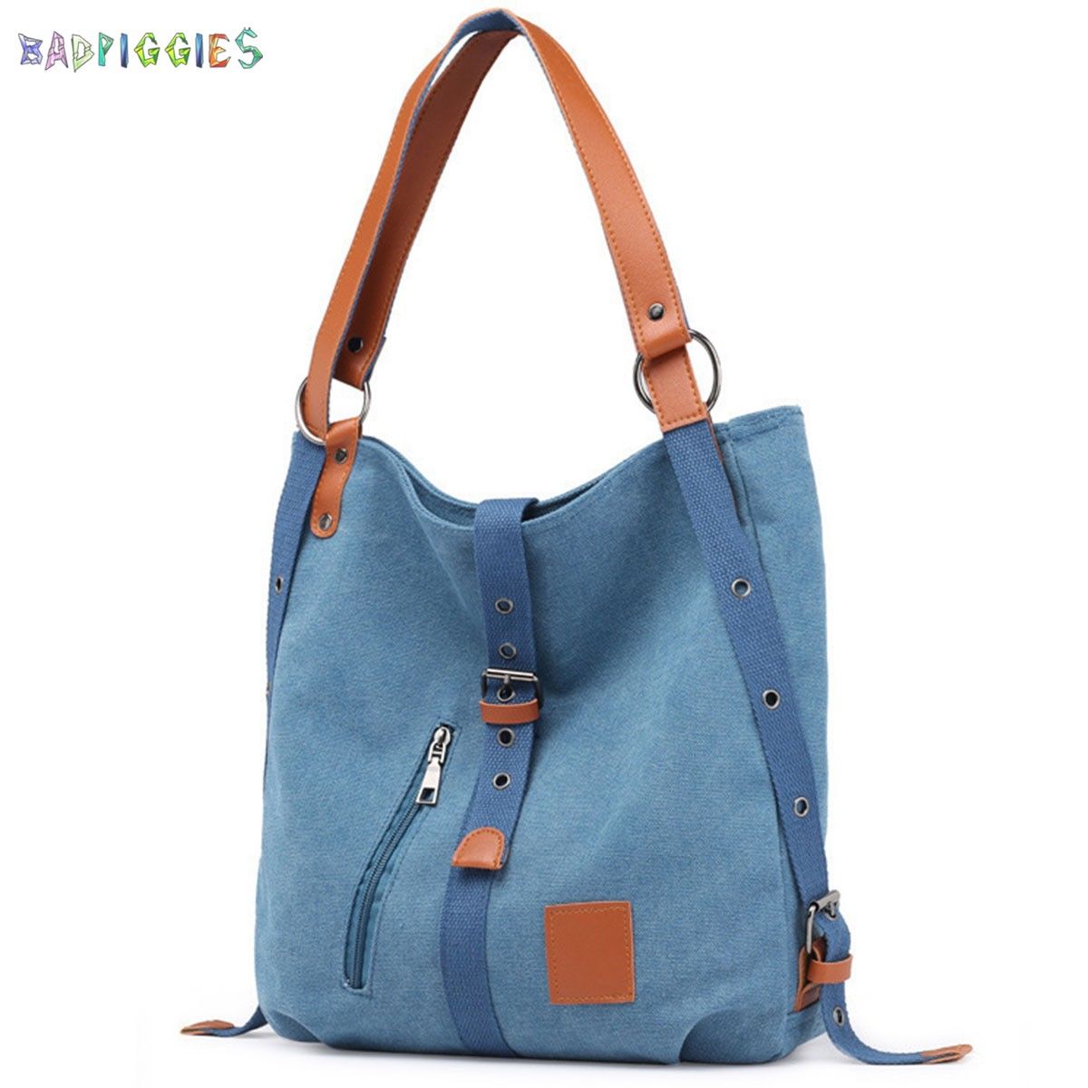 BadPiggies Canvas Handbag Tote Shoulder Bag for Women Casual School Purse Hobo Bag Rucksack Convertible Backpack (Blue) - image 1 of 10