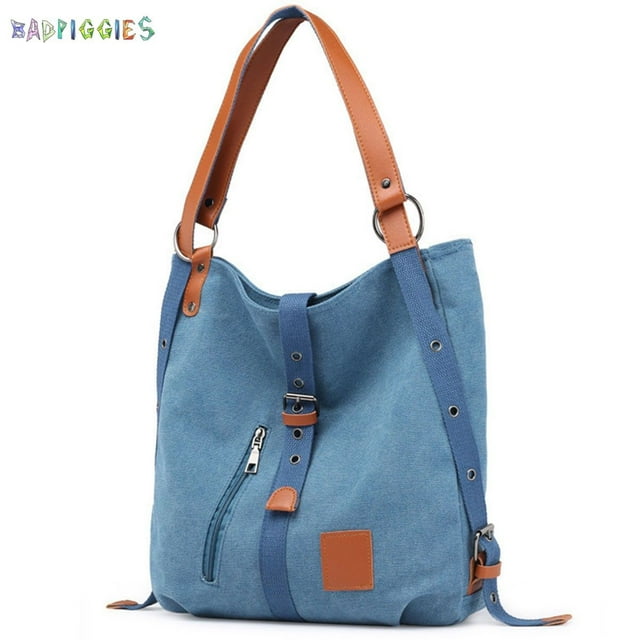 BadPiggies Canvas Handbag Tote Shoulder Bag for Women Casual School Purse Hobo Bag Rucksack Convertible Backpack (Blue)