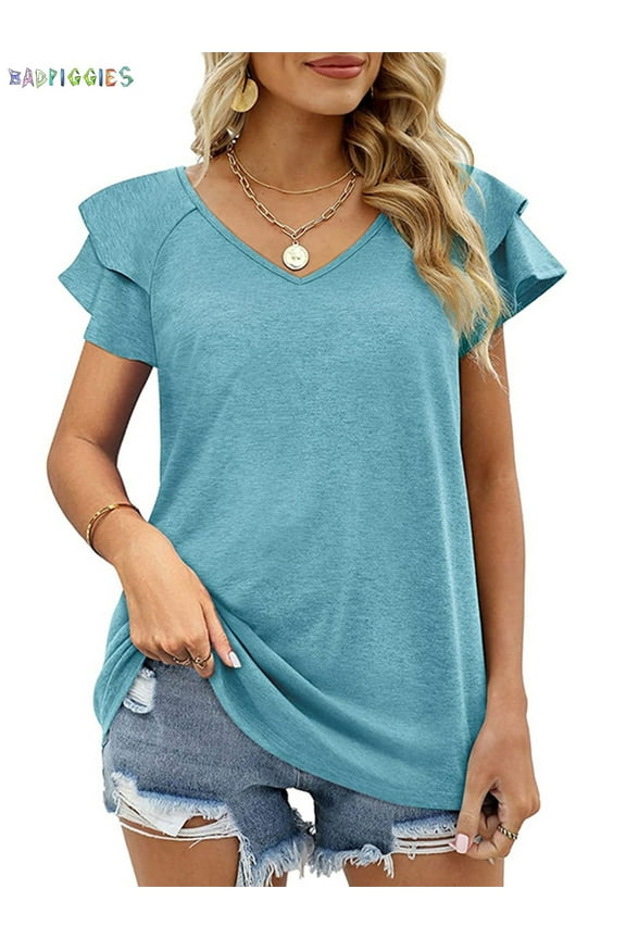 BadPiggies Casual Summer T-Shirts Women Ruffle Short Sleeve Tops V Neck Tunic Tee Blouse Loose Fit (S, Turquoise)
