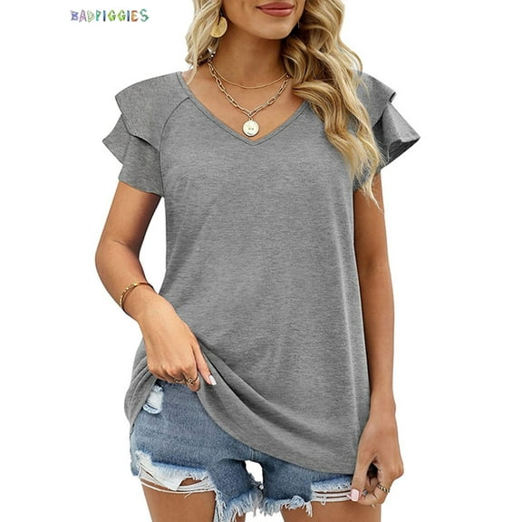 BadPiggies Casual Summer T-Shirts Women Ruffle Short Sleeve Tops V Neck Tunic Tee Blouse Loose Fit (XL, Gray)