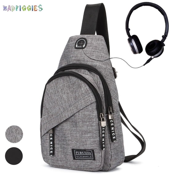 BadPiggies Chest Sling Shoulder Bag Oxford Crossbody Fanny Pack Sports Travel Backpack with Earphone Jack for Men Women, Gray
