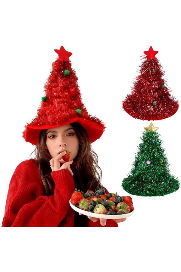 BadPiggies Christmas Tree Hat - Top Star & Glitter Tinsel Cute Pompoms Felt Party Hat Holiday Headgear (Red)