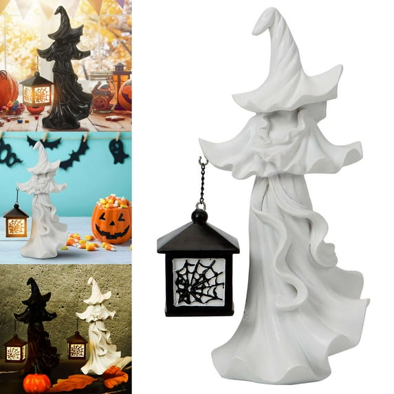 BadPiggies Cracker Barrel Ghost Witch Messenger with LED Lantern Ghost Statue Ornament Halloween Decorations (White)