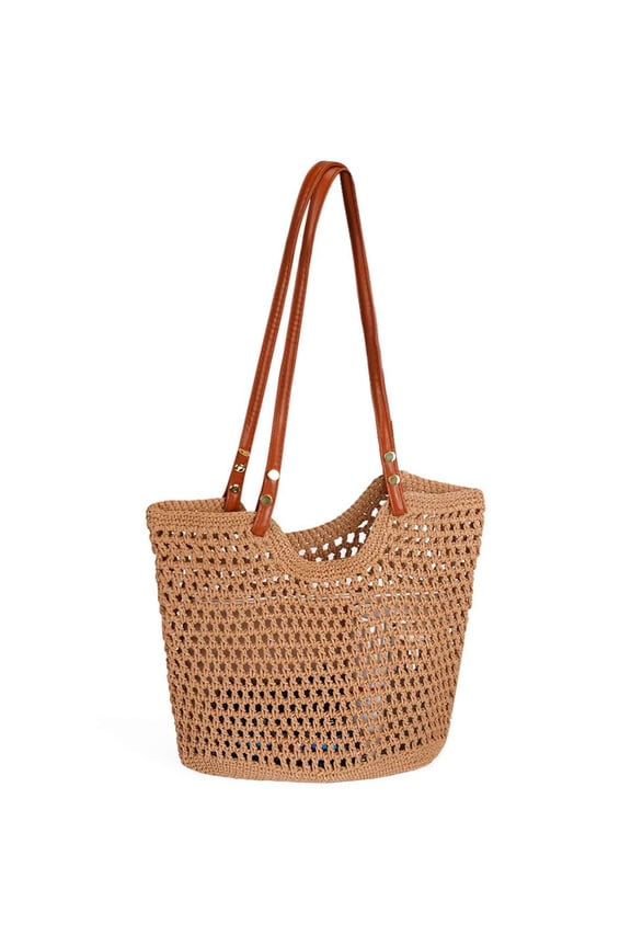 BadPiggies Crochet Bag for Women, Summer Beach Tote Bags Soft Woven Purses Shoulder Bag for Vacation (Khaki)