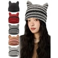 thumbnail image 1 of BadPiggies Crochet Beanie Hats for Women Cat Ear Vintage Striped Knitted Fox Hat Warm Winter Slouchy Beanies Accessories, Black, 1 of 8
