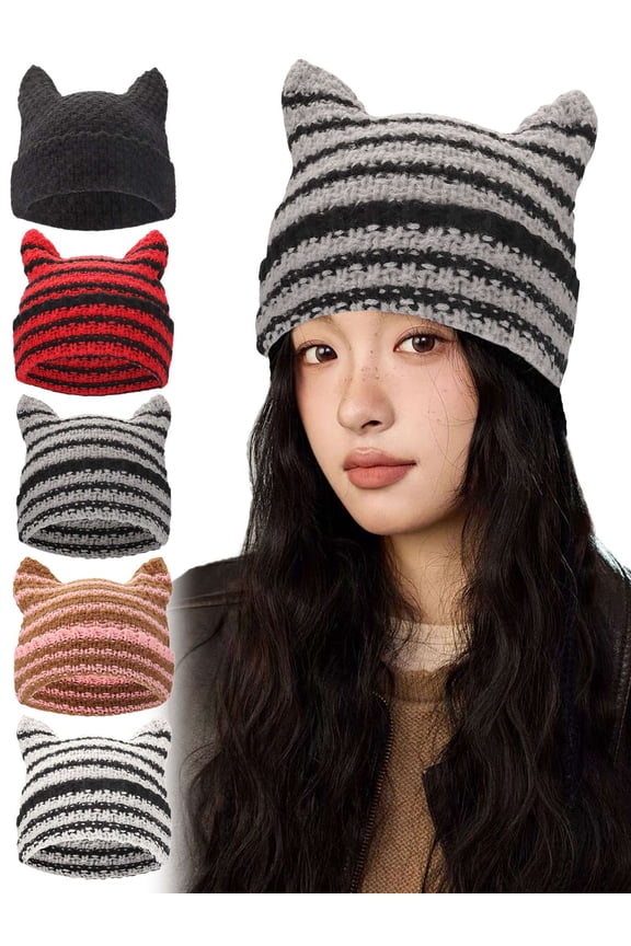 BadPiggies Crochet Beanie Hats for Women Cat Ear Vintage Striped Knitted Fox Hat Warm Winter Slouchy Beanies Accessories, Black