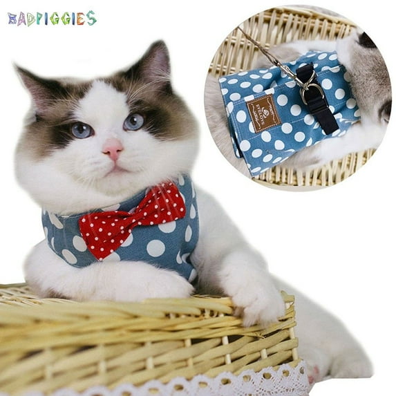 BadPiggies Cute Cat Bowknot Harness Leash Set No Pull Walking Pet Dog Round Spot Vest Harness (L, Blue)